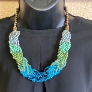 Vibrant Blue and Green Beaded Necklace with Braided Design